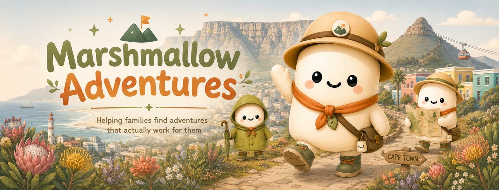 The Marshmallow explorer mascot, wearing a safari hat and orange neckerchief, walking a path above Cape Town with Table Mountain, colourful Bo-Kaap houses and protea flowers in view, next to the words 'Marshmallow Adventures — Helping families find adventures that actually work for them'