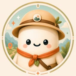 Marshmallow explorer mascot portrait badge, wearing a safari hat and orange neckerchief