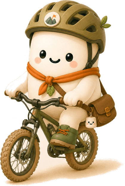 The Marshmallow explorer mascot cycling along, helmet and satchel on