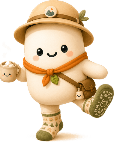The Marshmallow explorer mascot holding a mug of hot chocolate with tiny marshmallows